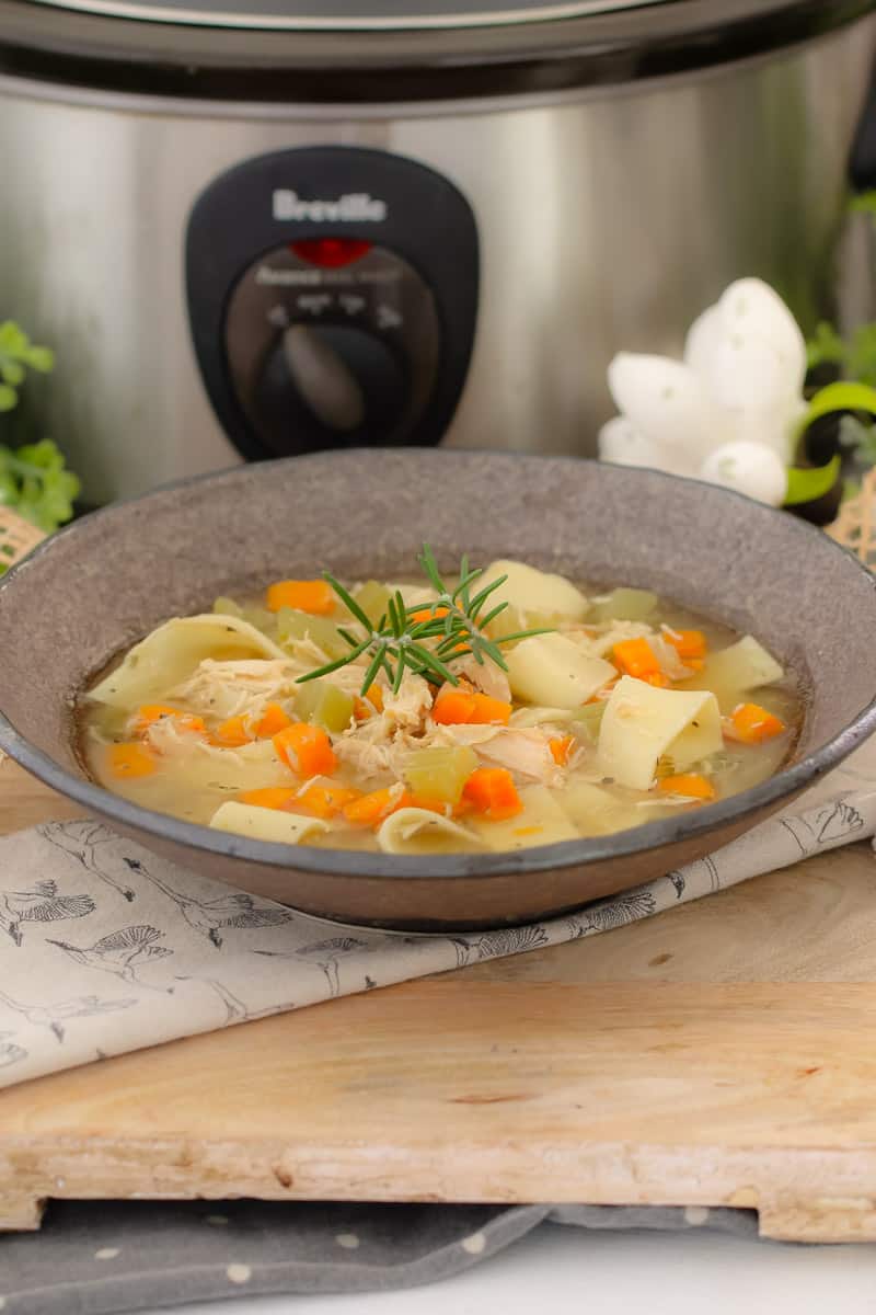 Chicken Noodle Soup with a slow cooker in the background. 