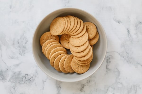 A bowl of Arnott's Marie biscuits.
