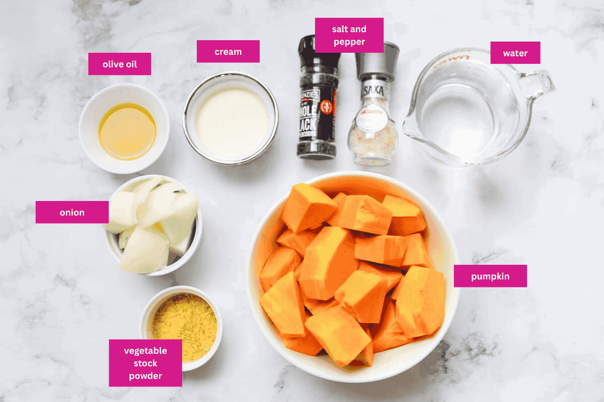 The ingredients for Roast Pumpkin Soup in small bowls.